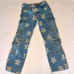 Celebrity Ace Girls Blue Floral Stacked Cargo Jeans. Size 12. Barely worn
